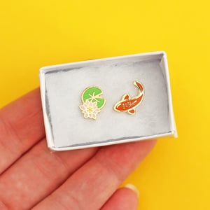 Image of Koi fish and lilypad, mismatched earrings - gold plated - 925 silver posts - hard enamel studs