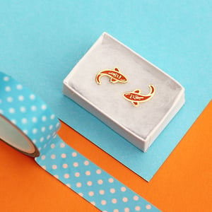 Image of Orange Koi fish earrings - gold plated - 925 silver posts - hard enamel studs