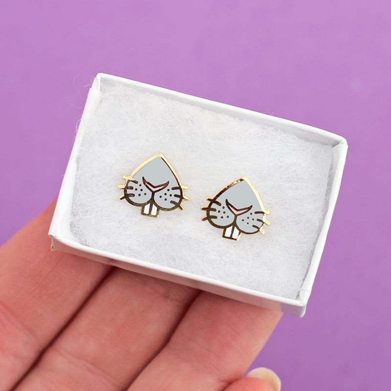 Image of Grey bunny snoot earrings - rabbit nose - gold plated - 925 silver posts - hard enamel studs