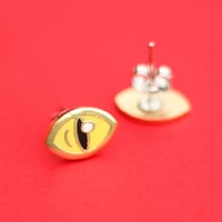 Image 5 of Yellow cat eye earrings - cat eyes - gold plated - 925 silver posts - hard enamel studs