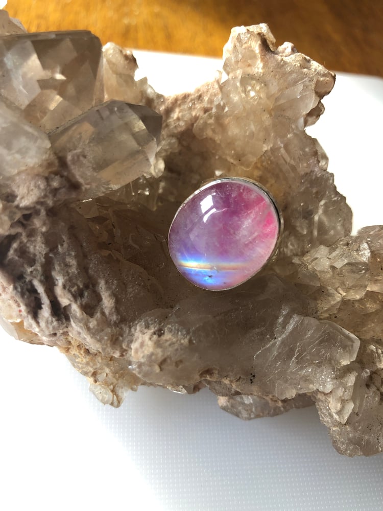 Image of Pink Rainbow Moonstone set in Sterling Silver (Size 8)