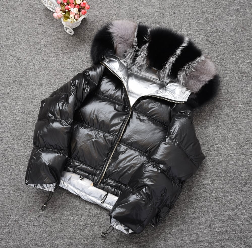 Image of Black/Silver Reversible Down Coat With Fox Fur Hood 