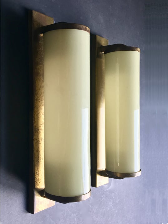 Image of Pair of 14" Art Deco Sconces in Brass and Cased Glass