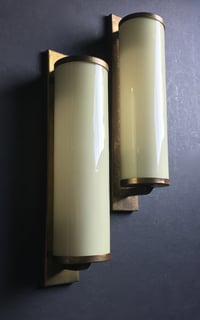 Image 5 of Pair of 14" Art Deco Sconces in Brass and Cased Glass