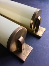 Image 3 of Pair of 14" Art Deco Sconces in Brass and Cased Glass
