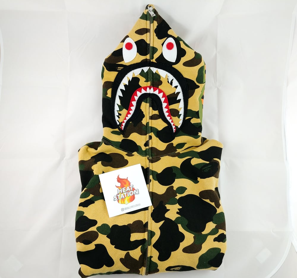 Image of Bape Yellow 1st Camo Shark Full Zip Hoodie 'World Gone Mad'