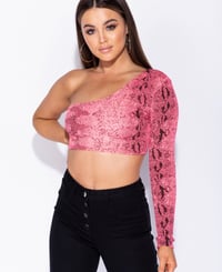 Snake Print One Shoulder Crop Top (Neon Pink) 