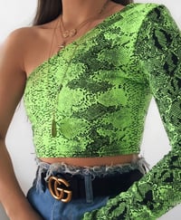 Snake Print One Shoulder Crop Top (Neon Green) 