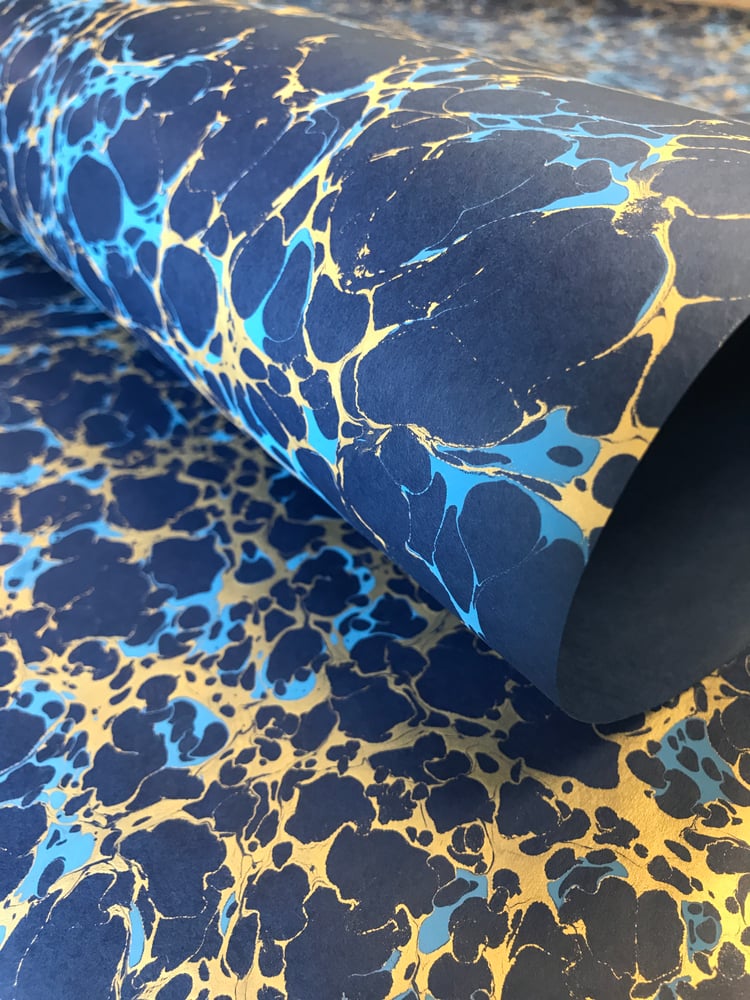 Image of Marbled Paper #90 'Gold and Blue Vein' on blue base 