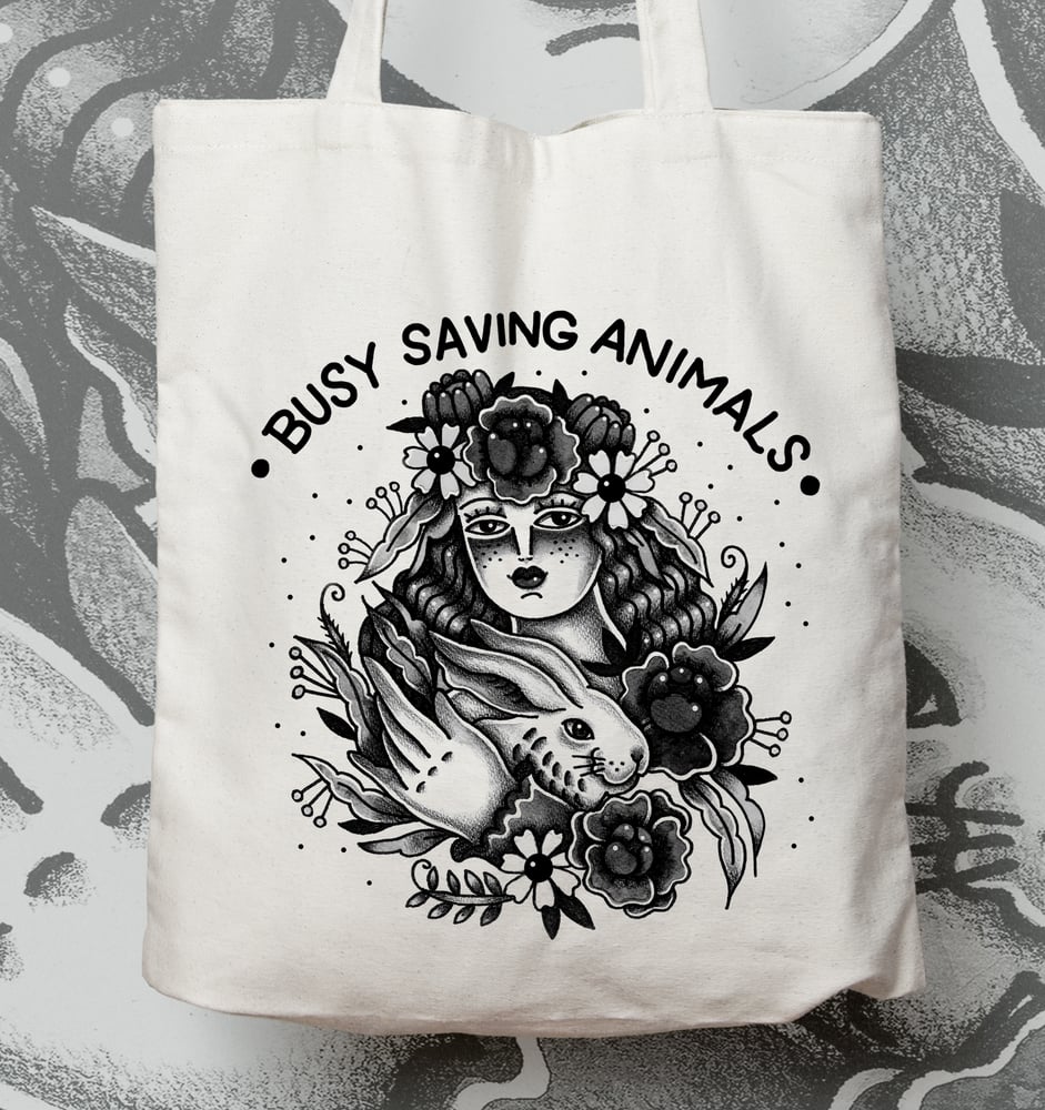 Image of One Heart illustration "Busy Saving Animals" Tote Bag