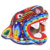 Image of Huichol Indian Beaded Jaguar Head With Yellow Deer Heads - SOLD