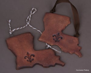 Image of Louisiana Ornaments Rustic Ceramic Clay with Fleur De Lis. Leather Look Ornaments. Rustic