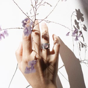 Image of Pink Chalcedony cabochon cut wide band vintage style silver ring