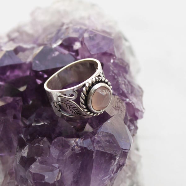 Image of Pink Chalcedony cabochon cut wide band vintage style silver ring