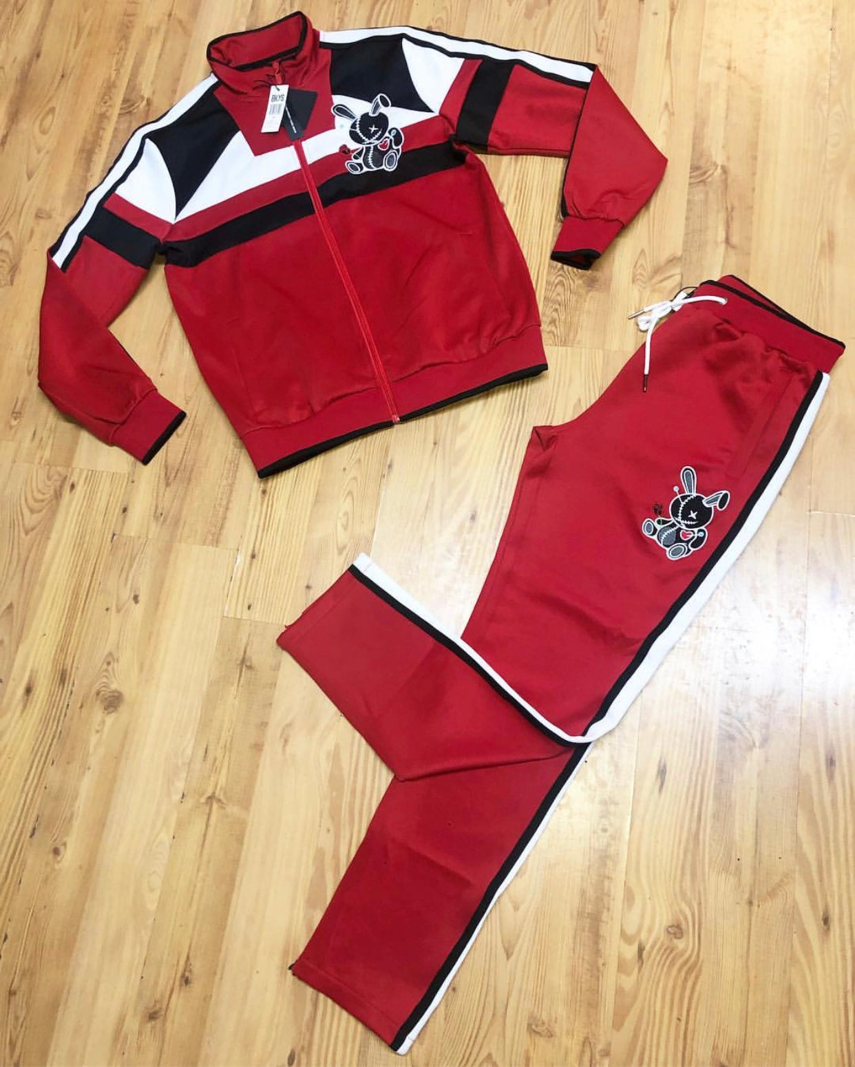 black and red sweatsuit