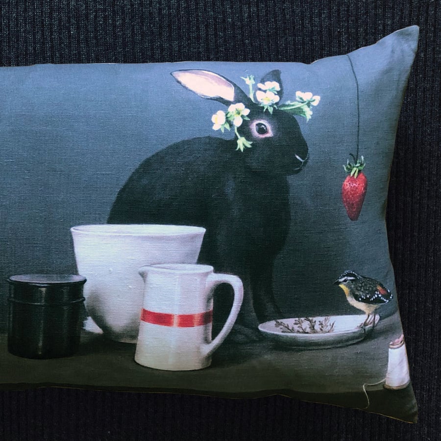Image of Linen Black Rabbit Bolster Cushion