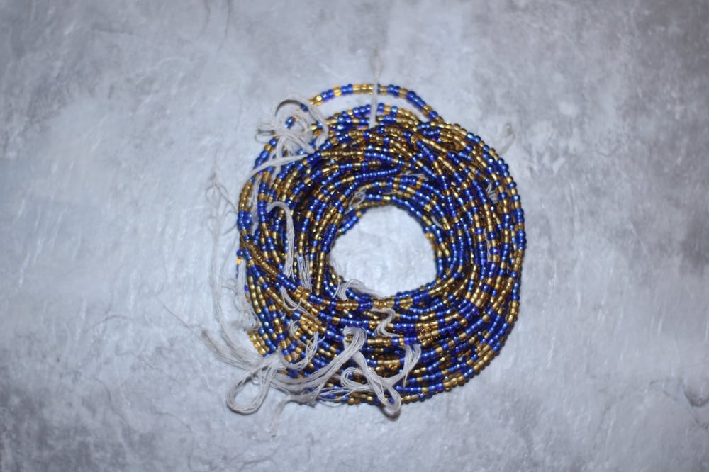 Image of Blue and Gold Tie Waistbead 