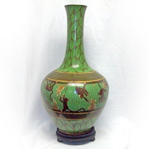 Image of Tall & Large Green Cloisonne Monkey Vase with Stand