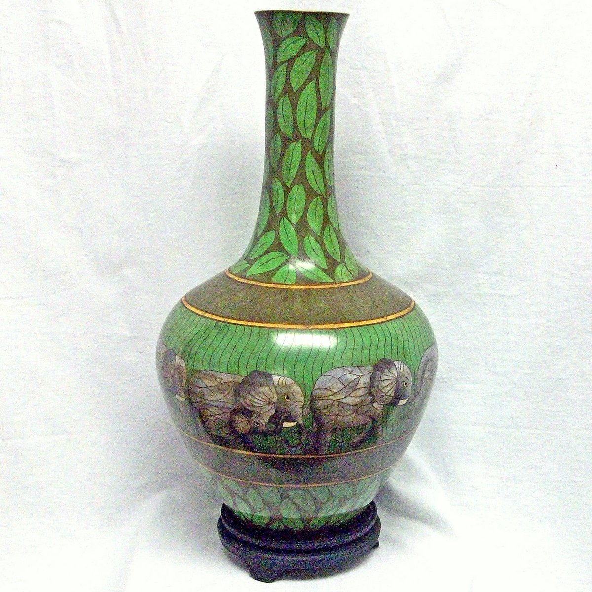 TALL & LARGE GREEN CLOISONNE ELEPHANT BALL VASE WITH STAND Baum Galleries