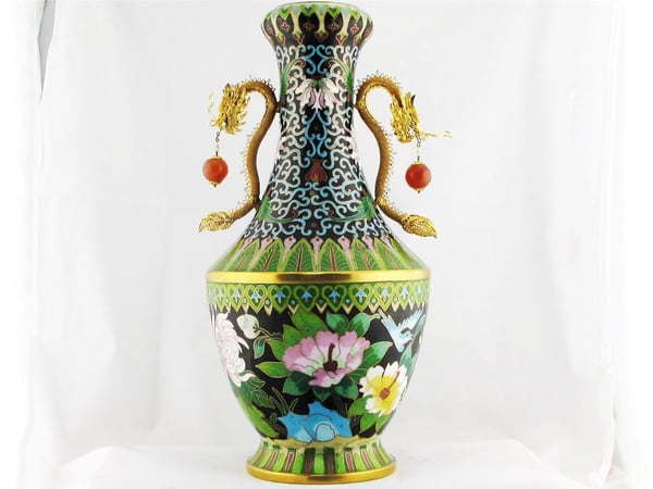 Image of VINTAGE CHINESE CLOISONNE VASE: GOLD VERMEIL & DRAGON HANDLES