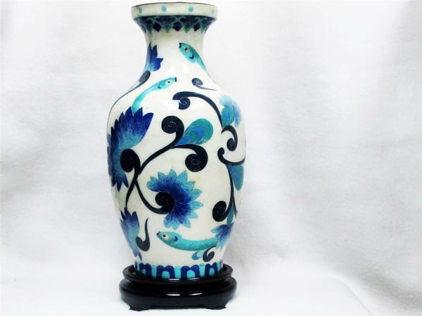 Image of RARE LARGE CHINESE BLUE CLOISONNE DESIGN ON WHITE CERAMIC VASE