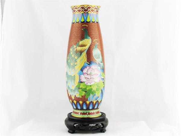 Image of BEAUTIFUL & VINTAGE CHINESE CLOISONNE VASE WITH PEACOCK AND FLORAL DESIGN