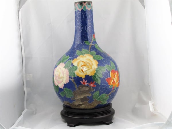 Image of RARE & VINTAGE LARGE CHINESE FLORAL CLOISONNE ON BLUE CERAMIC VASE