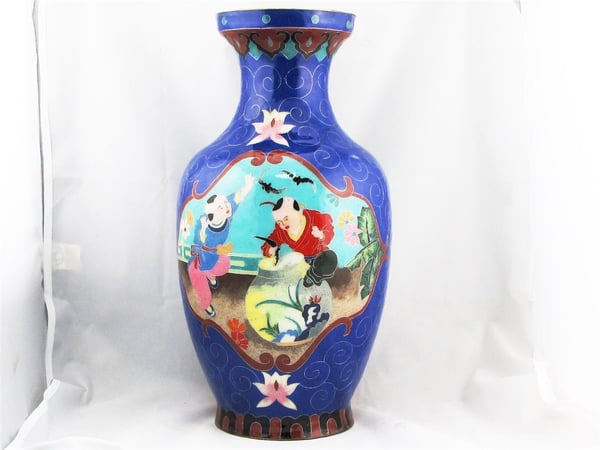 Image of BEAUTIFUL & RARE LARGE BLUE CLOISONNE VASE WITH CHINESE MONK DESIGN