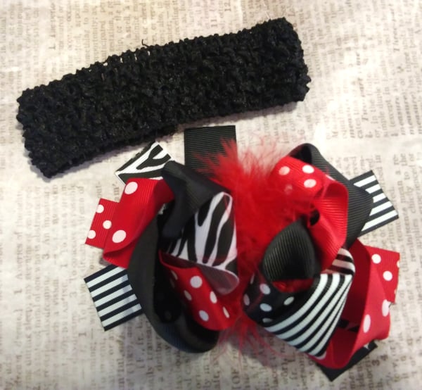 Image of ROCK BOTTOM BLOWOUT Red White Black 5.5 Inch Ribbon Feather Clip with FREE headband