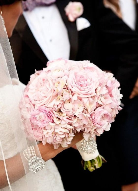 Image of Wedding Bouquet in soft Pink mixture of Hydrangea and Roses adorned with crystal brooch