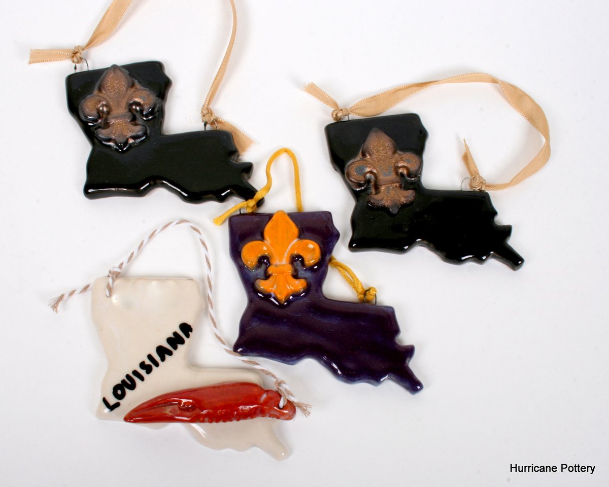 Handmade Louisiana Ornament of Ceramic Clay with Fleur De Lis or