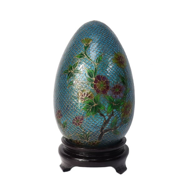 Image of Small Plique-à-jour Egg Figurine with Flower Design & Wooden Display Stand
