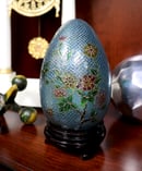 Image of Small Plique-à-jour Egg Figurine with Flower Design & Wooden Display Stand