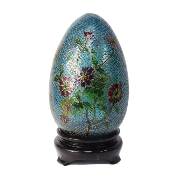 Image of Small Plique-à-jour Egg Figurine with Floral Design & Wooden Display Stand