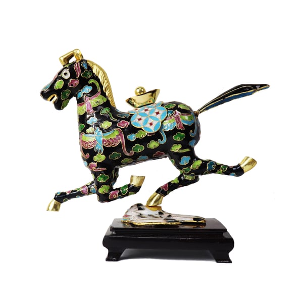 Image of Lovely Chinese Cloisonné Horse Figurine with Multi-Color Design & Wood Stand: Black