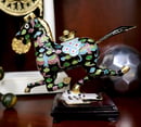 Image of Lovely Chinese Cloisonné Horse Figurine with Multi-Color Design & Wood Stand: Black