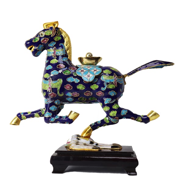 Image of Lovely Chinese Cloisonné Horse Figurine with Multi-Color Design & Wood Stand: Blue