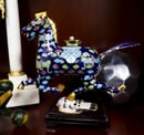 Image of Lovely Chinese Cloisonné Horse Figurine with Multi-Color Design & Wood Stand: Blue