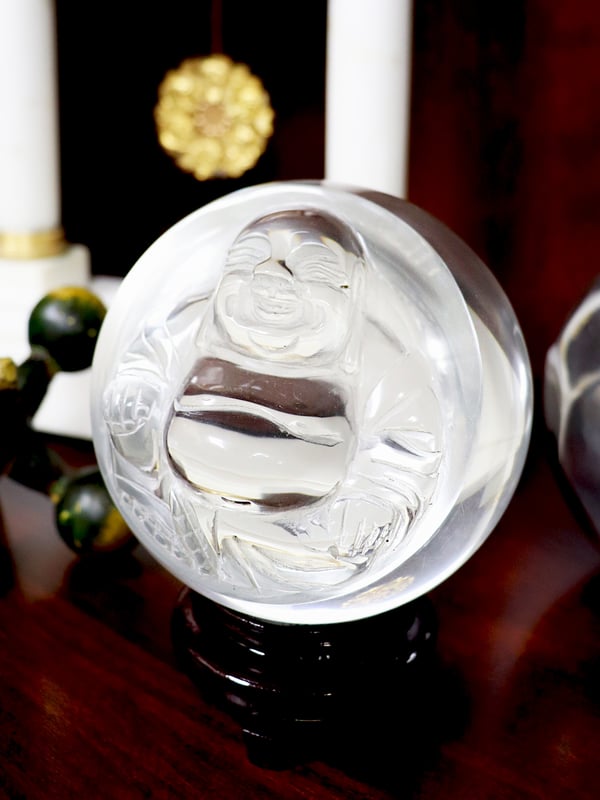 Image of Lovely Chinese “Happy Buddha” Crystal Ball Figurine with Wooden Display Stand