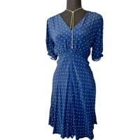 Image 1 of 1930s Inspired Navy Polka Dot V Neck Dress - Size 8 