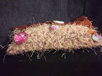 Image 4 of Brown leather envelope style clutch bag with beige crochet front with famous clay button closure