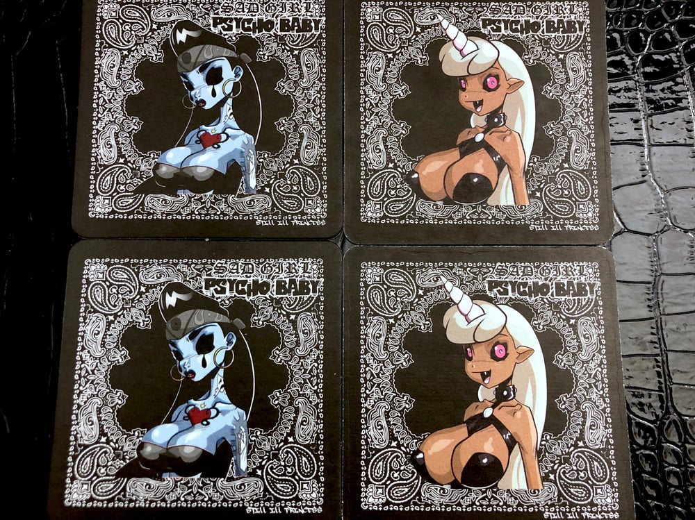 4 Double Sided Coaster Set. Psycho Baby/Sugar Pop