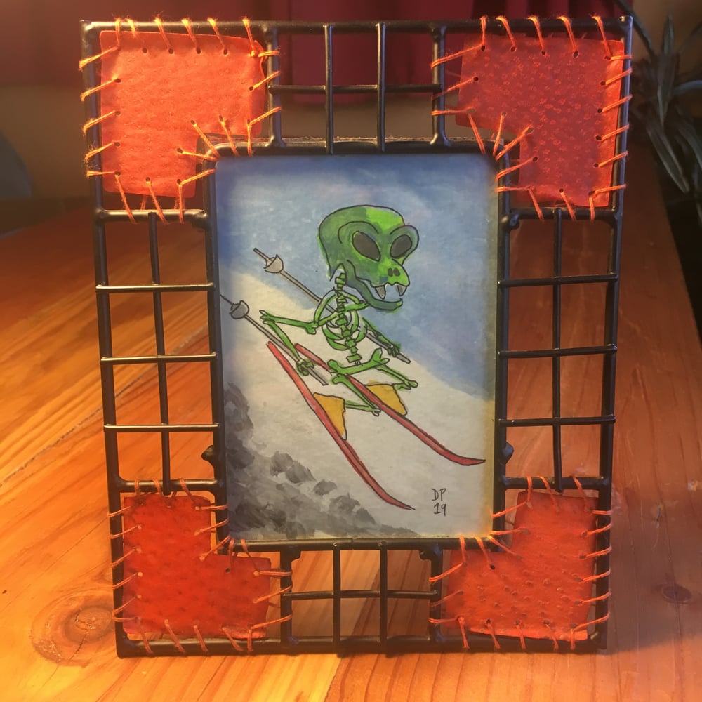 Image of “Skiing Skeleton” original guasch painting by Dan P.