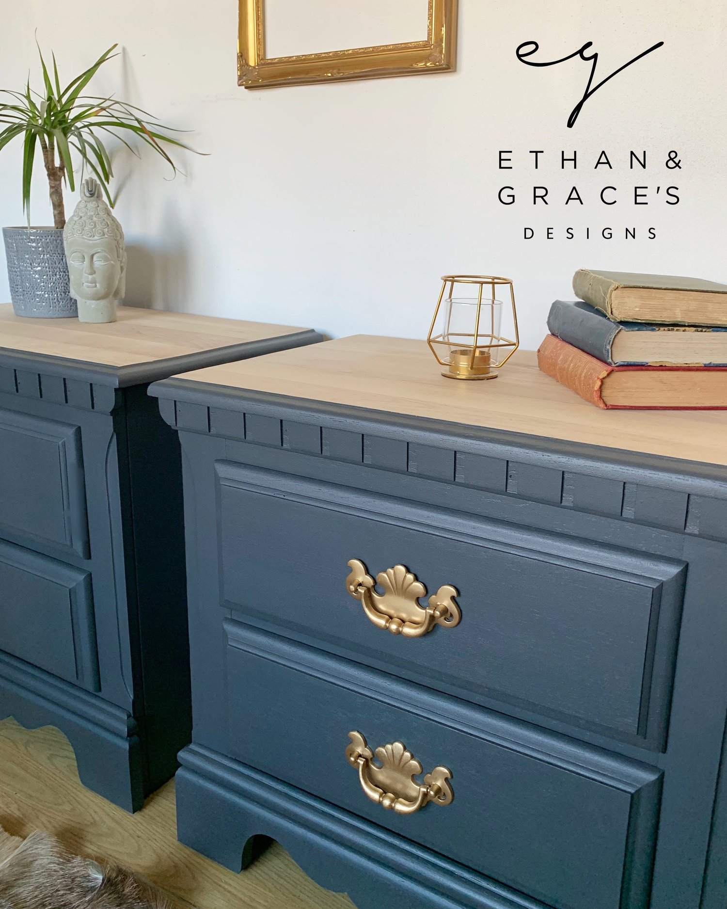 Image of A pair of dark grey bedside tables