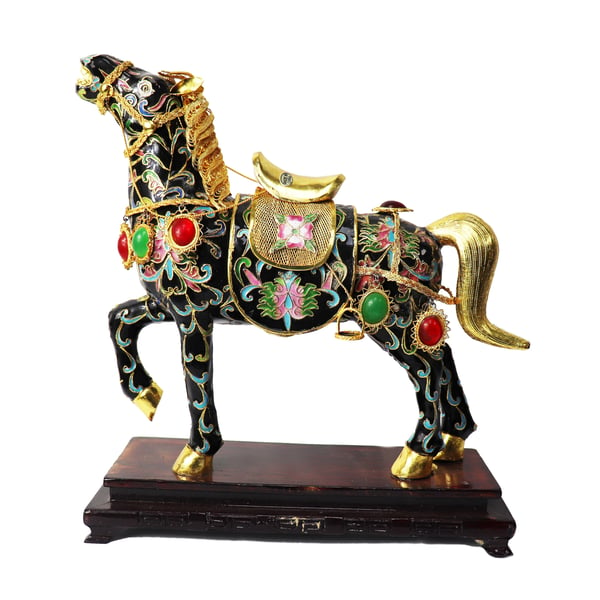 Image of Vintage Chinese Cloisonné Horse Figure with Gems: Black