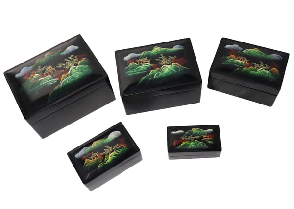 Image of Set of 5 Beautiful Chinese Lacquer Nesting Boxes with Hand-Painted Nature Scene – Type 1