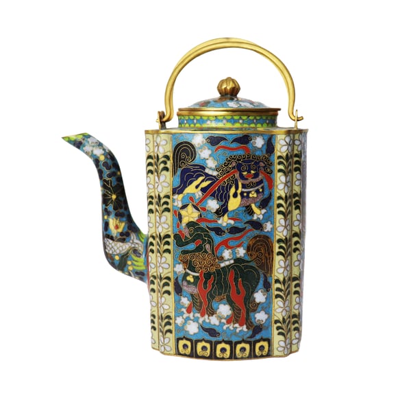 Image of Lovely Vintage Chinese Cloisonné Tea Pot with Foo Dog & Floral Design
