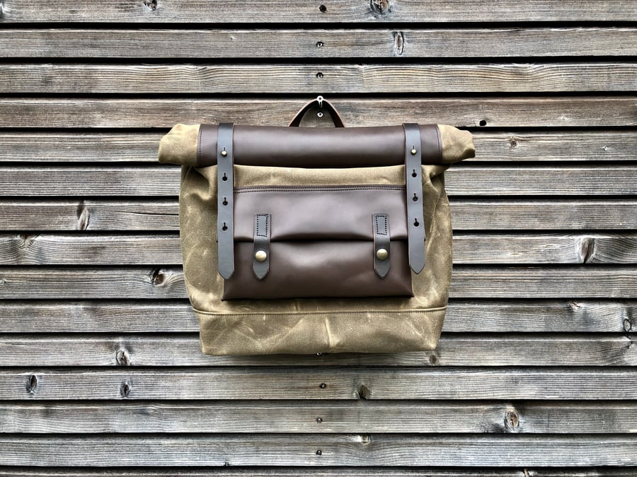 Image of Waxed canvas leather saddlebag Motorbike bag Motorcycle bag Bicycle bag in waxed canvas and leather