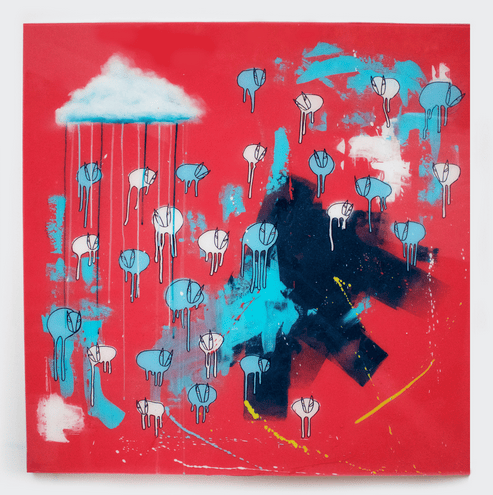 Image of Raining Cows, Unmasked “UNITED AGAIN” 42”X42” 2019