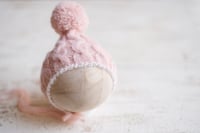Image 3 of Cabled Lacy Trim Pom Pom Bonnet 